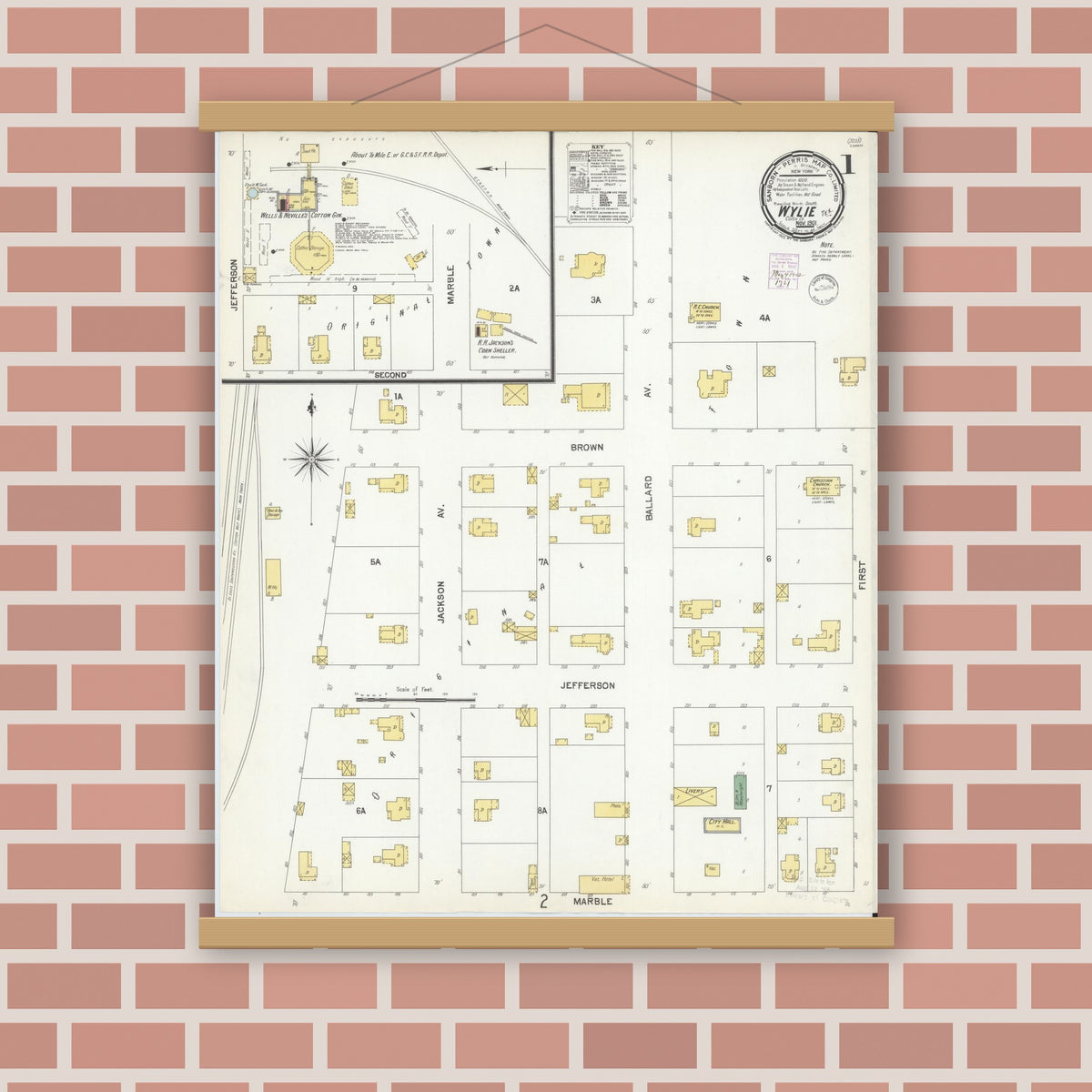 Old map wall art mockup — magnetic wood frame on brick wall — Sanborn Fire Insurance Map from Wolfe City, Hunt County, Texas (1901) - Complete Map Set