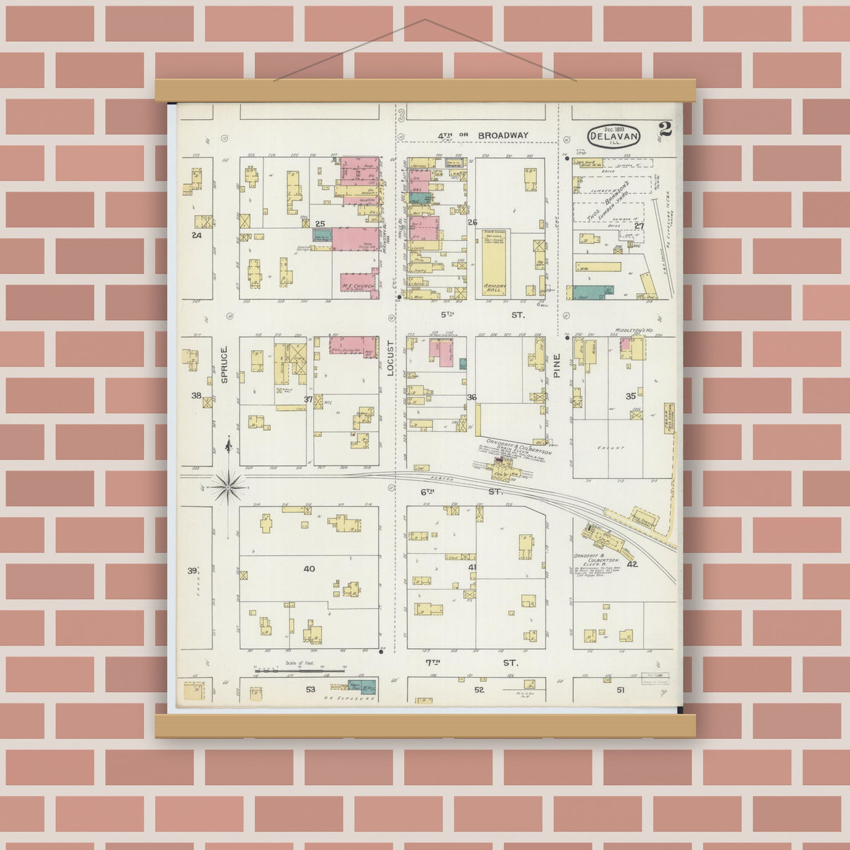 Old map wall art mockup — magnetic wood frame on brick wall — Sanborn Fire Insurance Map from Delavan, Tazewell County, Illinois (1893), Sheet #0002