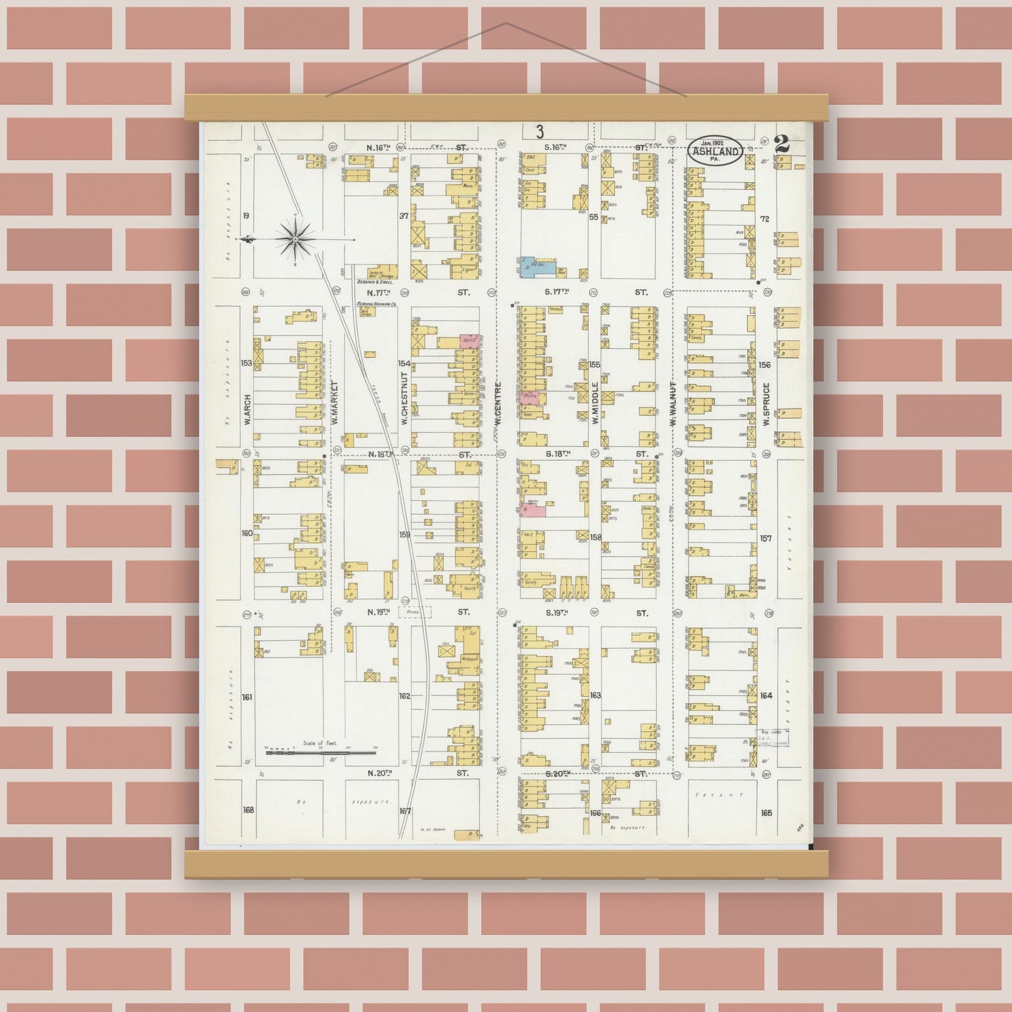 Old map wall art mockup — magnetic wood frame on brick wall — Sanborn Fire Insurance Map from Ashland, Schuylkill County, Pennsylvania (1902), Sheet #0002