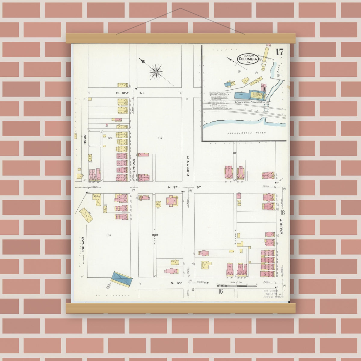Old map wall art mockup — magnetic wood frame on brick wall — Sanborn Fire Insurance Map from Columbia, Lancaster County, Pennsylvania (1909), Sheet #0017