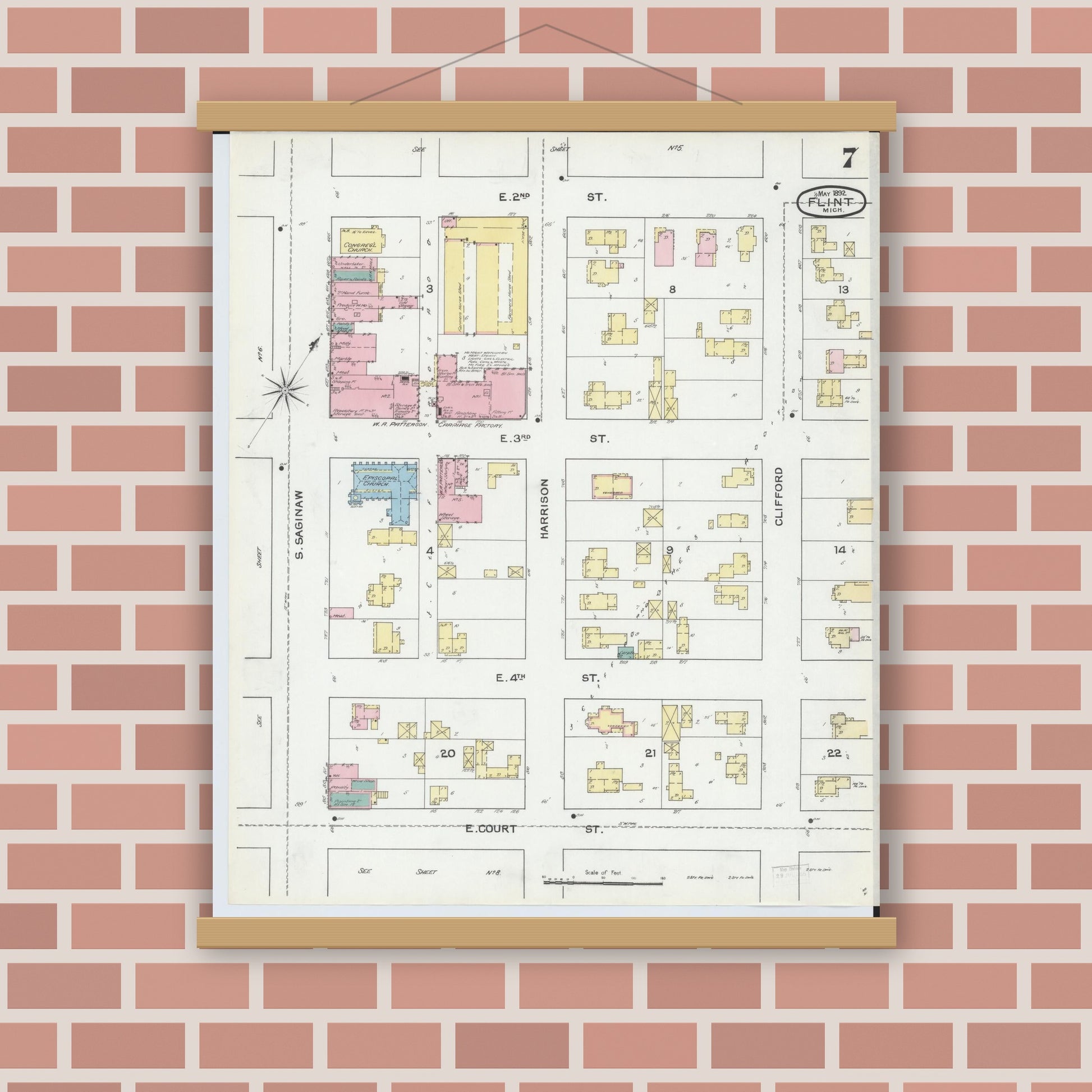 Old map wall art mockup — magnetic wood frame on brick wall — Sanborn Fire Insurance Map from Flint, Genesee County, Michigan (1892), Sheet #0007