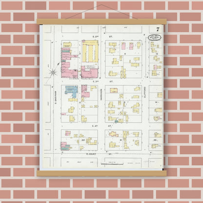 Old map wall art mockup — magnetic wood frame on brick wall — Sanborn Fire Insurance Map from Flint, Genesee County, Michigan (1892), Sheet #0007