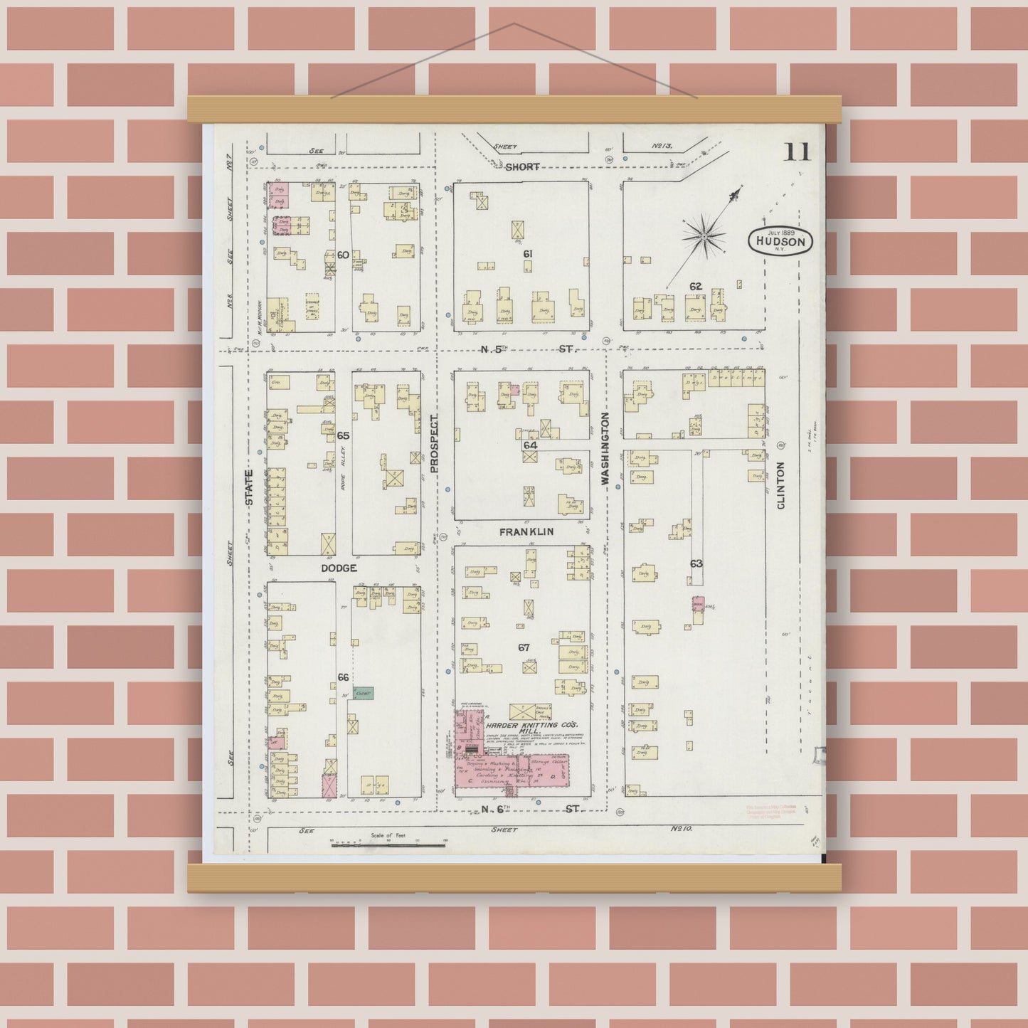 Old map wall art mockup — magnetic wood frame on brick wall — Sanborn Fire Insurance Map from Hudson, Columbia County, New York (1889), Sheet #0011