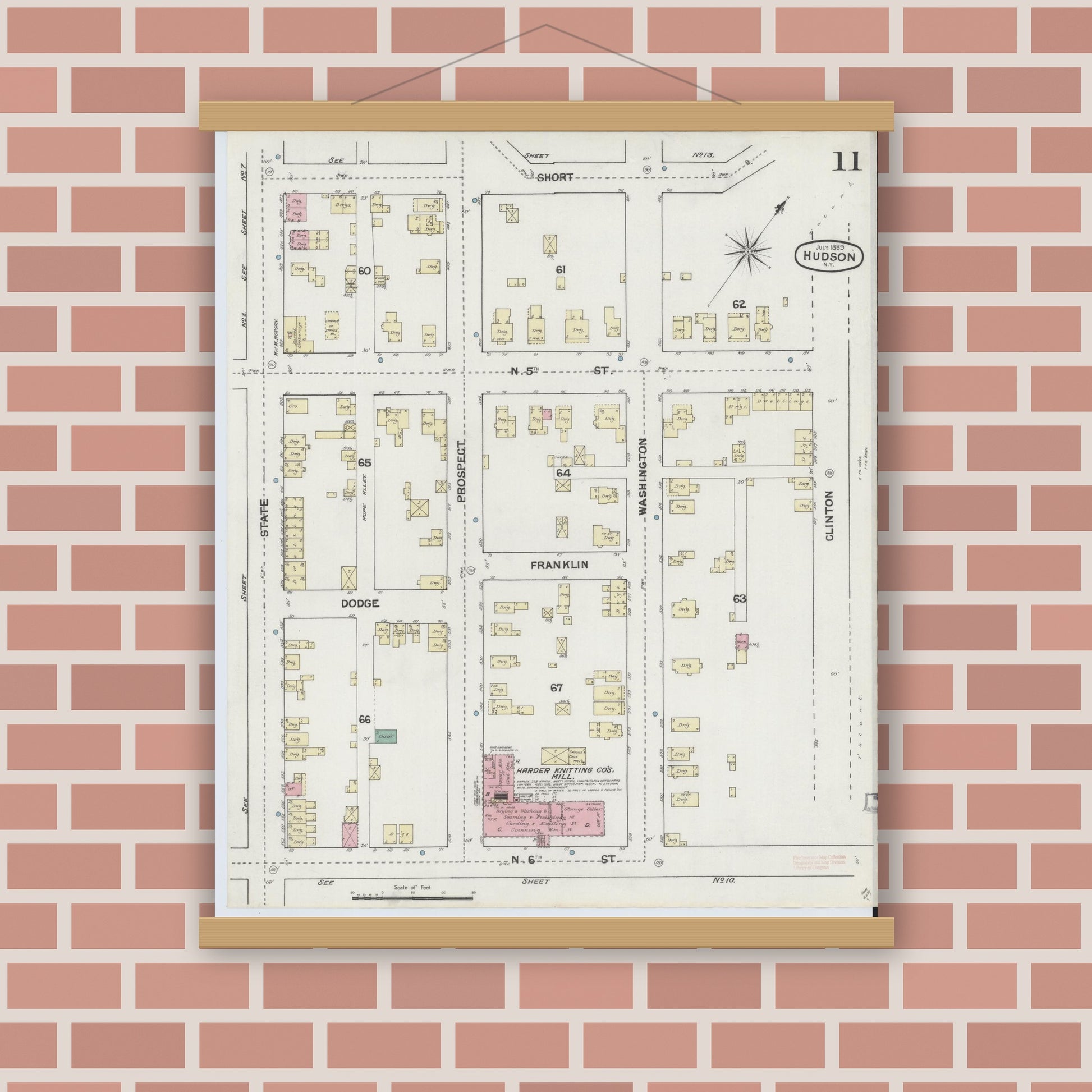 Old map wall art mockup — magnetic wood frame on brick wall — Sanborn Fire Insurance Map from Hudson, Columbia County, New York (1889), Sheet #0011