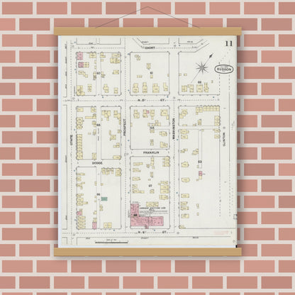 Old map wall art mockup — magnetic wood frame on brick wall — Sanborn Fire Insurance Map from Hudson, Columbia County, New York (1889), Sheet #0011