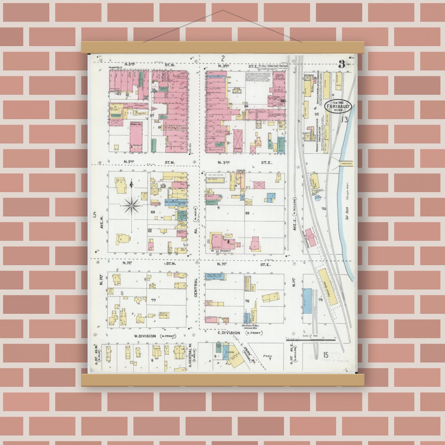 Old map wall art mockup — magnetic wood frame on brick wall — Sanborn Fire Insurance Map from Faribault, Rice County, Minnesota (1905), Sheet #0003