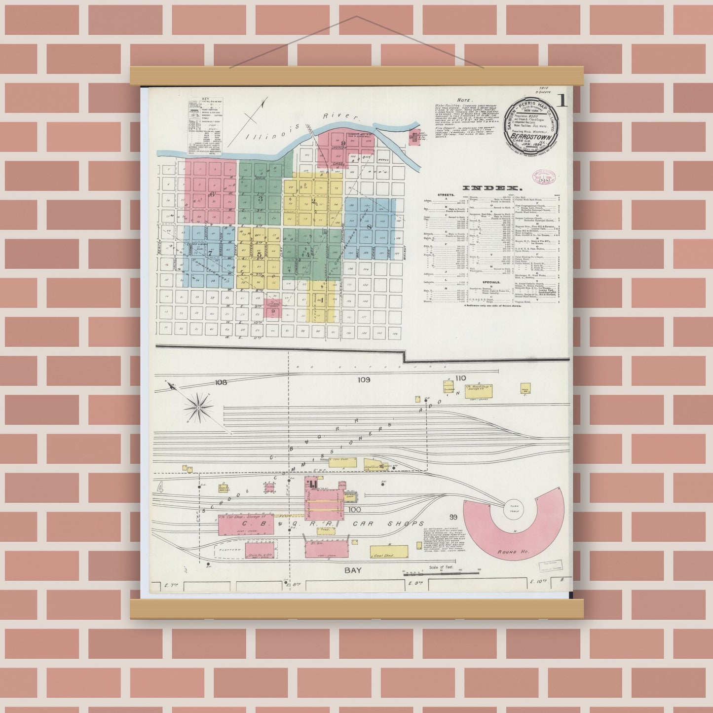 Old map wall art mockup — magnetic wood frame on brick wall — Sanborn Fire Insurance Map from Beardstown, Cass County, Illinois (1894) - Complete Map Set