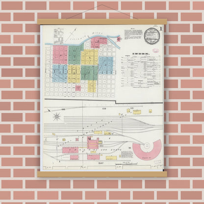 Old map wall art mockup — magnetic wood frame on brick wall — Sanborn Fire Insurance Map from Beardstown, Cass County, Illinois (1894) - Complete Map Set