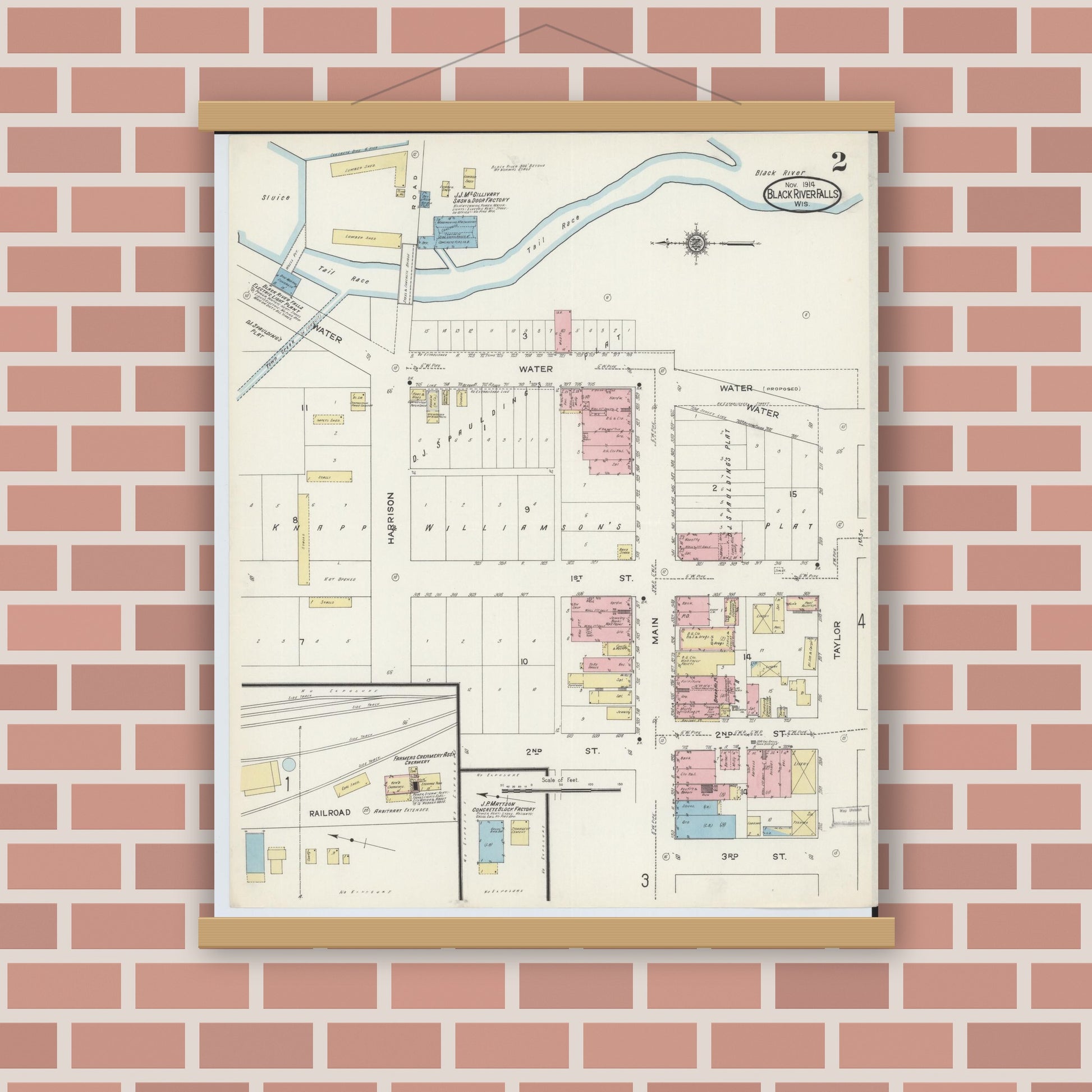 Old map wall art mockup — magnetic wood frame on brick wall — Sanborn Fire Insurance Map from Black River Falls, Jackson County, Wisconsin (1914), Sheet #0002