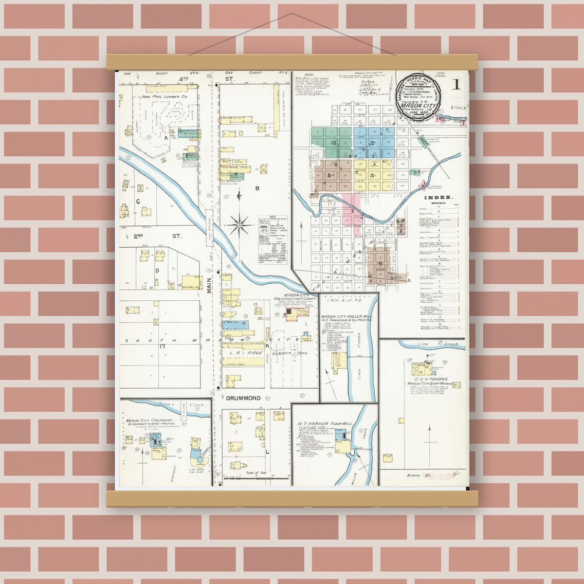 Old map wall art mockup — magnetic wood frame on brick wall — Sanborn Fire Insurance Map from Mason City, Cerro Gordo County, Iowa (1892) â€” Complete Set