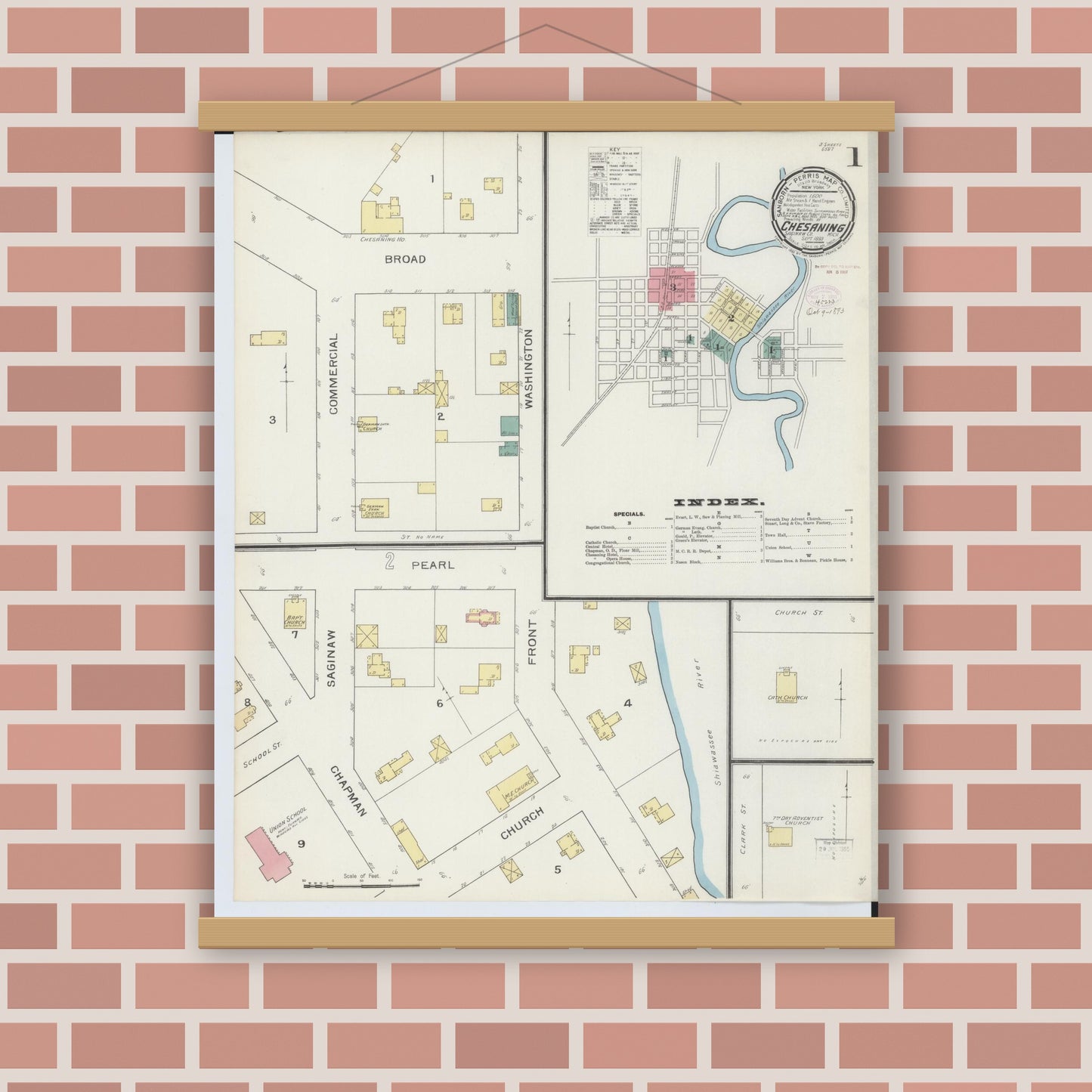 Old map wall art mockup — magnetic wood frame on brick wall — Sanborn Fire Insurance Map from Chesaning, Saginaw County, Michigan (1893) - Complete Map Set