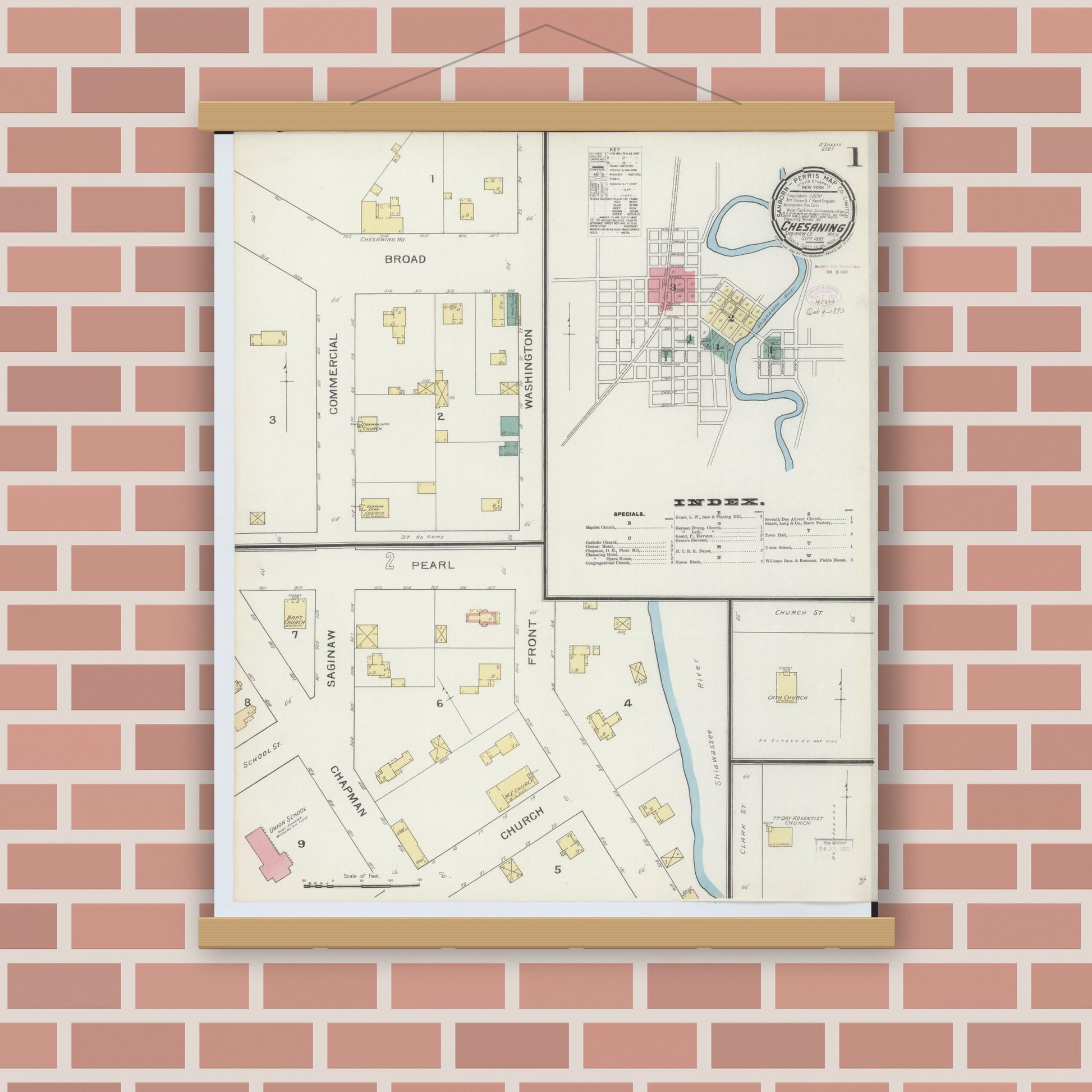 Old map wall art mockup — magnetic wood frame on brick wall — Sanborn Fire Insurance Map from Chesaning, Saginaw County, Michigan (1893) - Complete Map Set