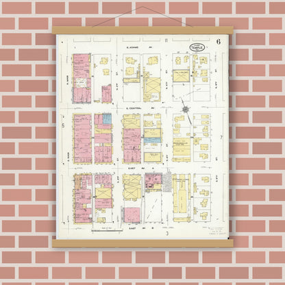 Old map wall art mockup — magnetic wood frame on brick wall — Sanborn Fire Insurance Map from Temple, Bell County, Texas (1910), Sheet #0006