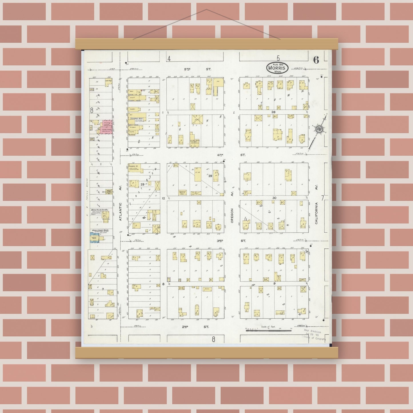 Old map wall art mockup — magnetic wood frame on brick wall — Sanborn Fire Insurance Map from Morris, Stevens County, Minnesota (1915), Sheet #0006