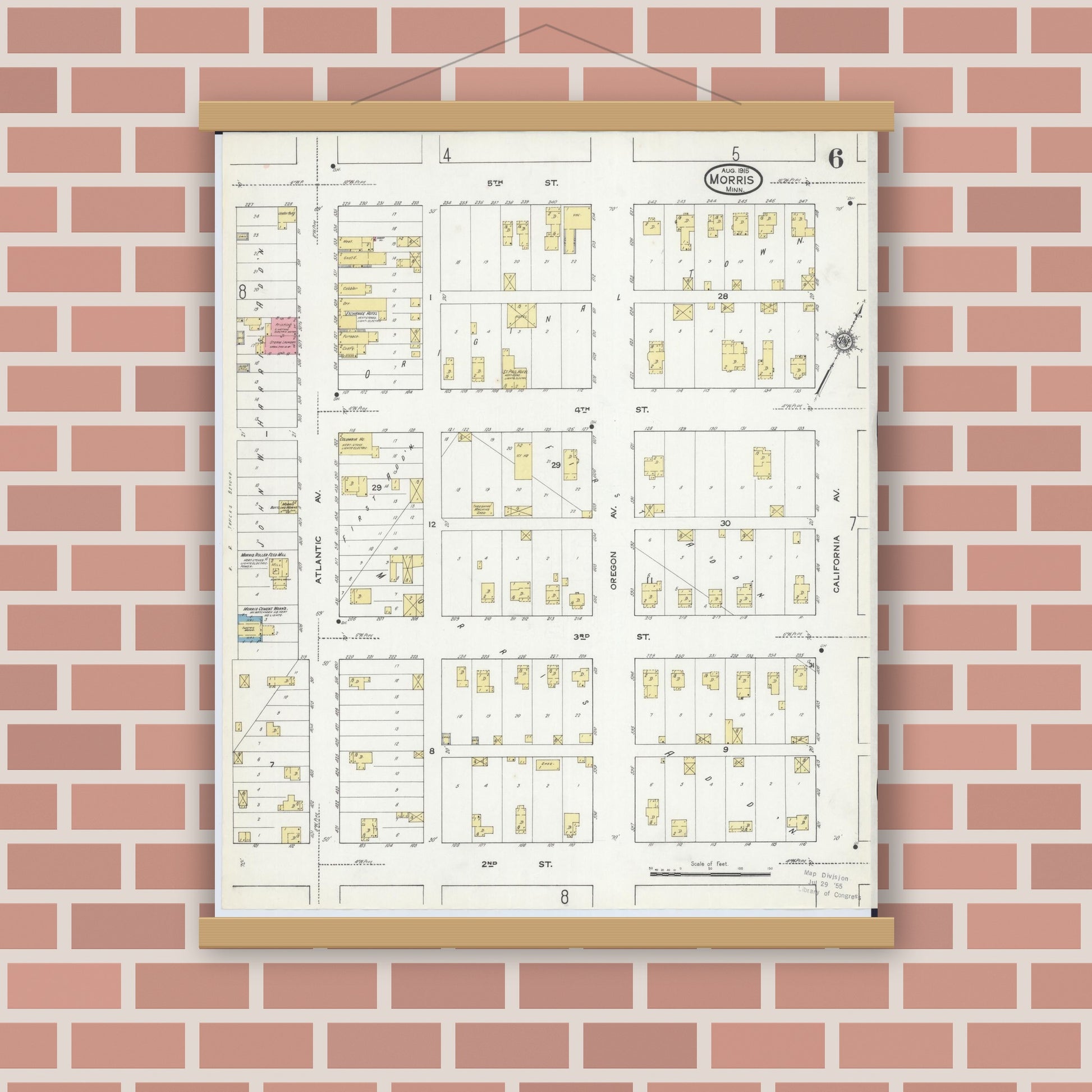 Old map wall art mockup — magnetic wood frame on brick wall — Sanborn Fire Insurance Map from Morris, Stevens County, Minnesota (1915), Sheet #0006