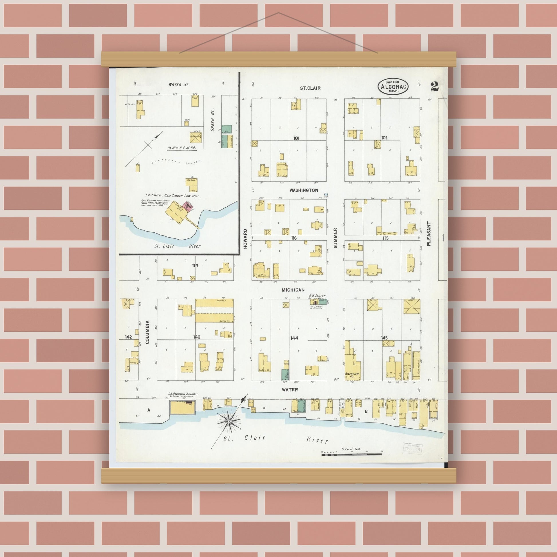 Old map wall art mockup — magnetic wood frame on brick wall — Sanborn Fire Insurance Map from Algonac, Saint Clair County, Michigan (1900), Sheet #0002
