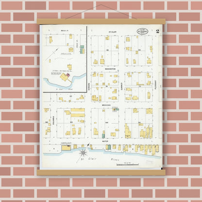 Old map wall art mockup — magnetic wood frame on brick wall — Sanborn Fire Insurance Map from Algonac, Saint Clair County, Michigan (1900), Sheet #0002