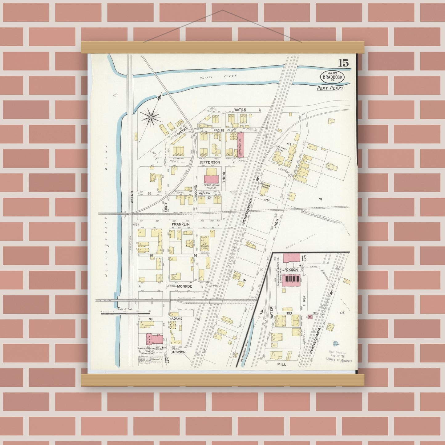 Old map wall art mockup — magnetic wood frame on brick wall — Sanborn Fire Insurance Map from Braddock, Allegheny County, Pennsylvania (1908), Sheet #0015