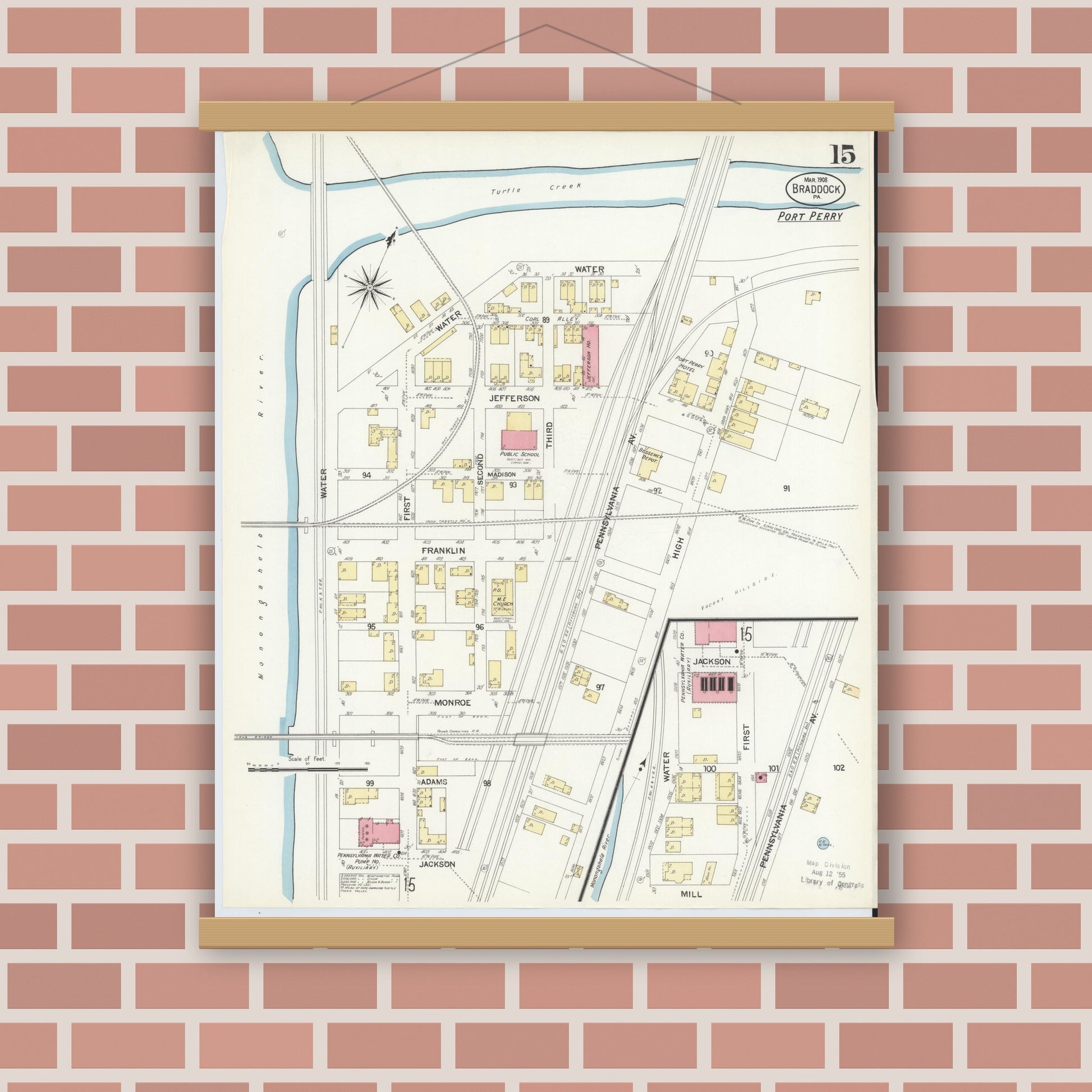 Old map wall art mockup — magnetic wood frame on brick wall — Sanborn Fire Insurance Map from Braddock, Allegheny County, Pennsylvania (1908), Sheet #0015