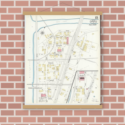 Old map wall art mockup — magnetic wood frame on brick wall — Sanborn Fire Insurance Map from Braddock, Allegheny County, Pennsylvania (1908), Sheet #0015
