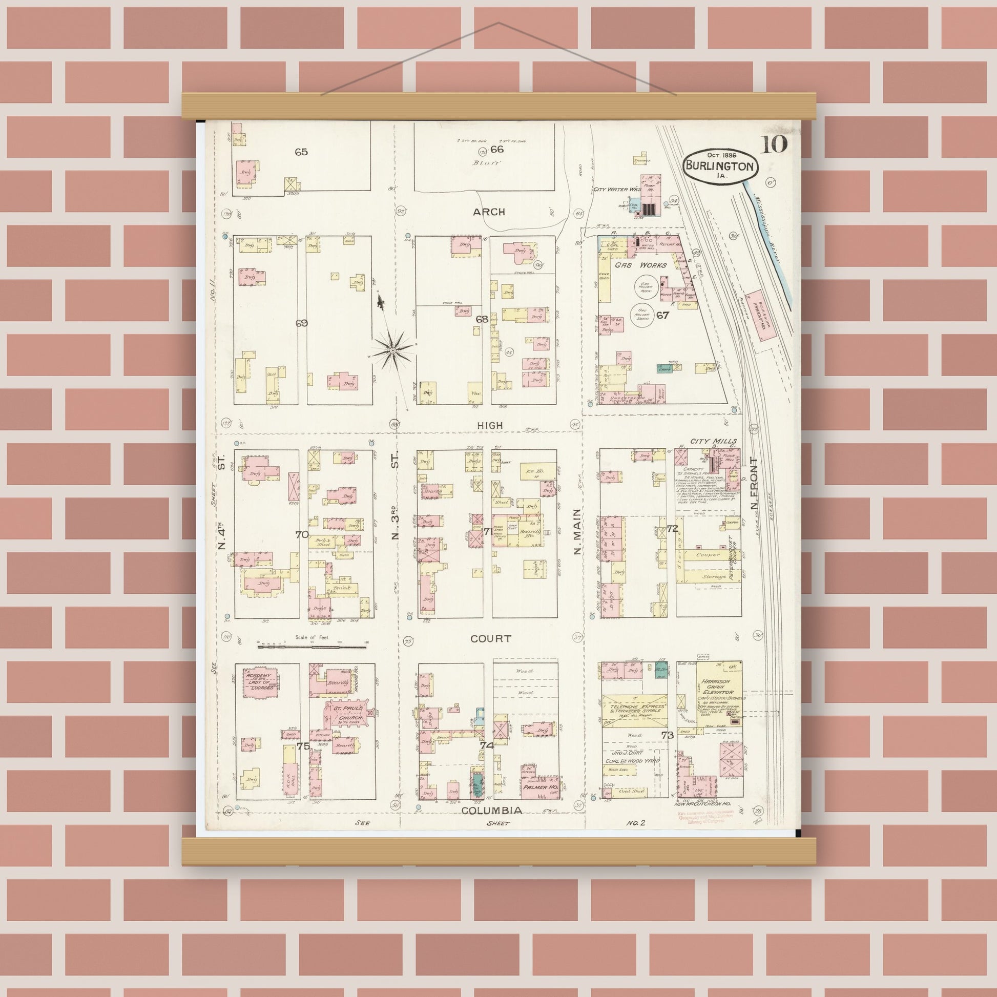 Old map wall art mockup — magnetic wood frame on brick wall — Sanborn Fire Insurance Map from Burlington, Des Moines County, Iowa (1888), Sheet #0010
