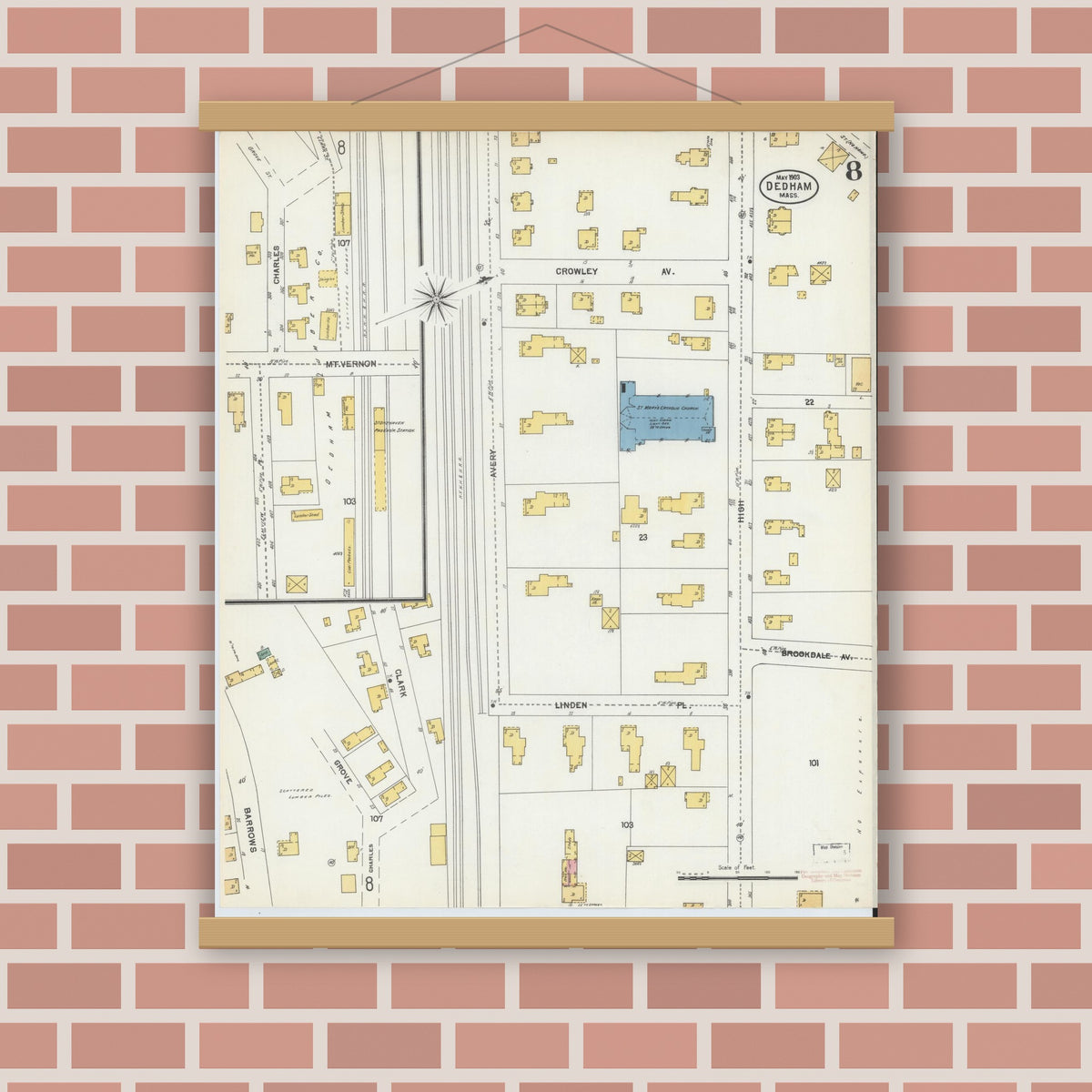 Old map wall art mockup — magnetic wood frame on brick wall — Sanborn Fire Insurance Map from Dedham, Norfolk County, Massachusetts (1903), Sheet #0008