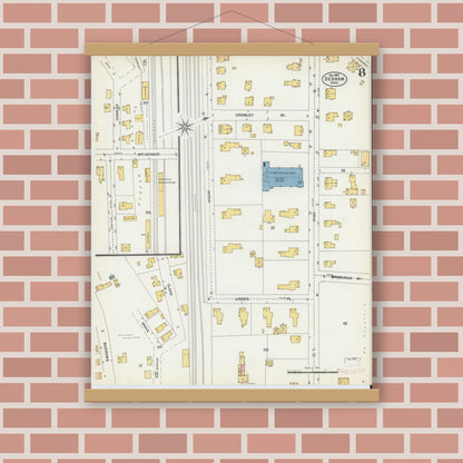 Old map wall art mockup — magnetic wood frame on brick wall — Sanborn Fire Insurance Map from Dedham, Norfolk County, Massachusetts (1903), Sheet #0008