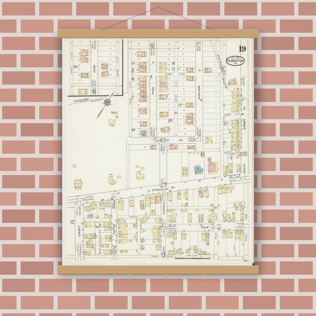Old map wall art mockup — magnetic wood frame on brick wall — Sanborn Fire Insurance Map from Tarentum, Allegheny County, Pennsylvania (1914), Sheet #0019