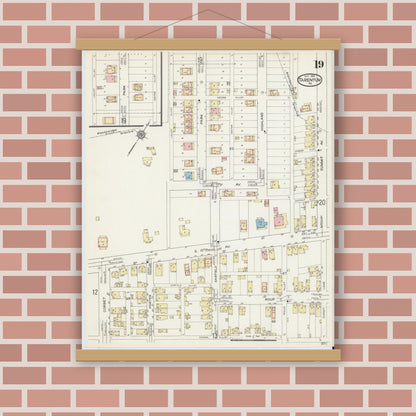 Old map wall art mockup — magnetic wood frame on brick wall — Sanborn Fire Insurance Map from Tarentum, Allegheny County, Pennsylvania (1914), Sheet #0019
