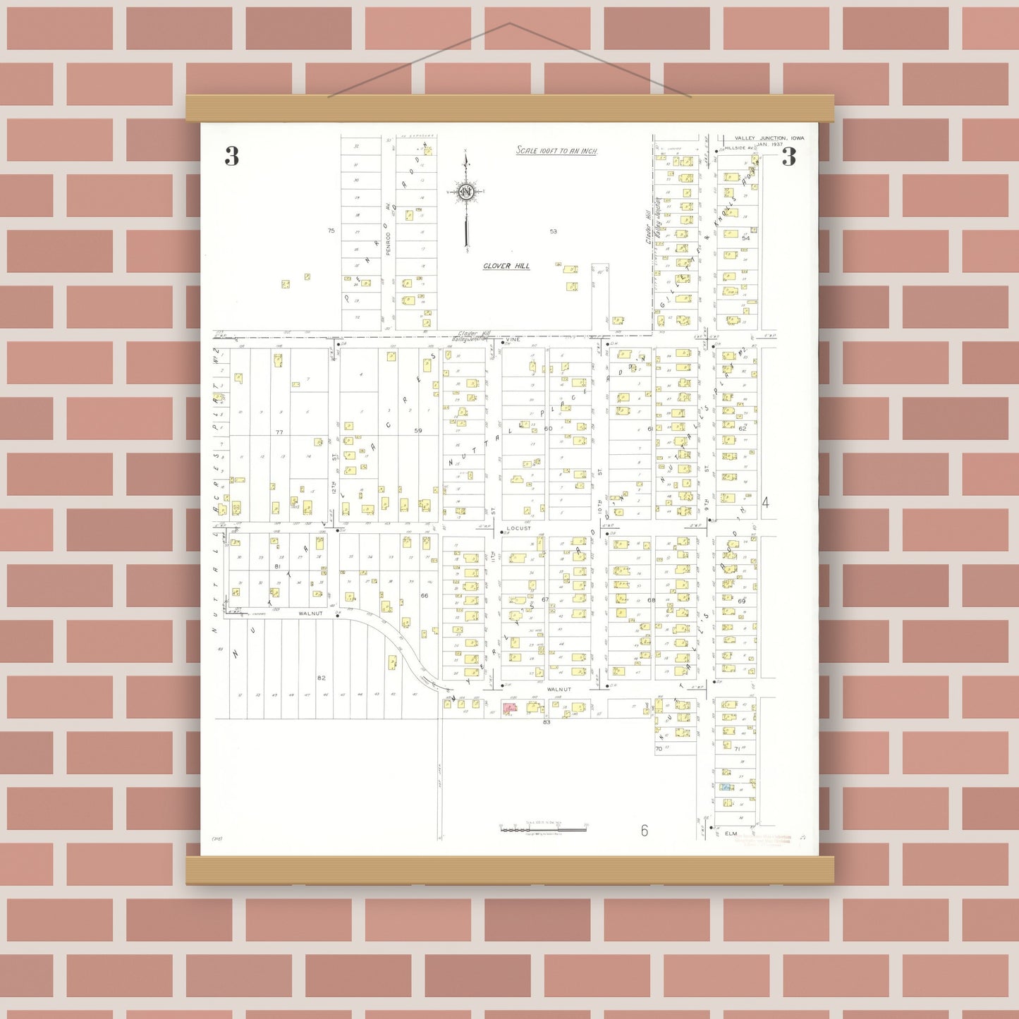 Old map wall art mockup — magnetic wood frame on brick wall — Sanborn Fire Insurance Map from Valley Junction, Polk County, Iowa (1937), Sheet #0003