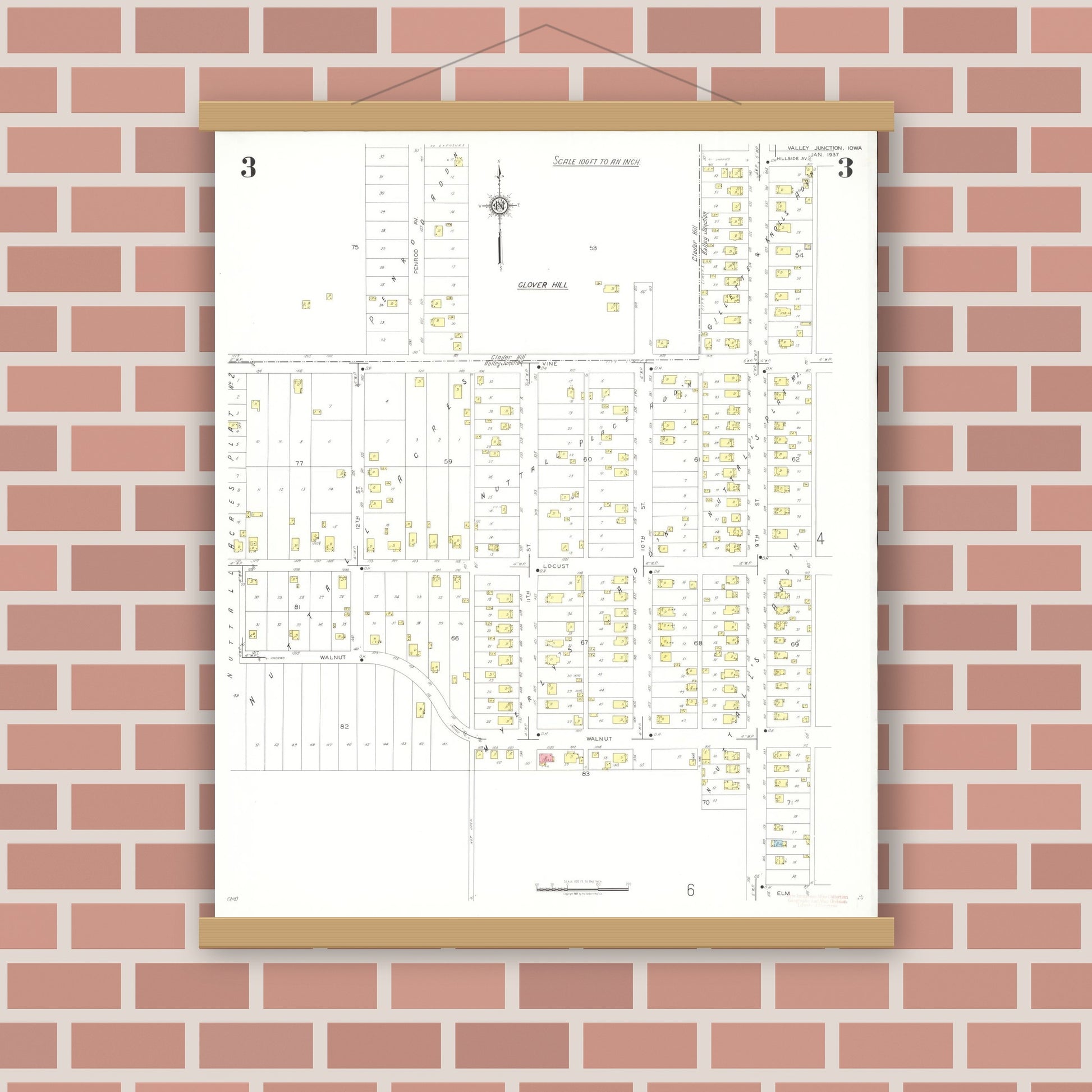 Old map wall art mockup — magnetic wood frame on brick wall — Sanborn Fire Insurance Map from Valley Junction, Polk County, Iowa (1937), Sheet #0003