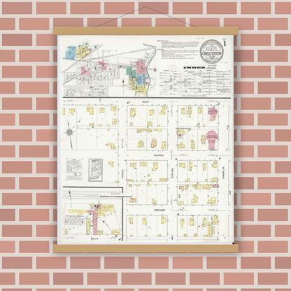 Old map wall art mockup — magnetic wood frame on brick wall — Sanborn Fire Insurance Map from Chesterton, Porter County, Indiana (1912) - Complete Map Set