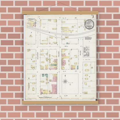 Old map wall art mockup — magnetic wood frame on brick wall — Sanborn Fire Insurance Map from Eureka, Woodford County, Illinois (1892), Sheet #0001