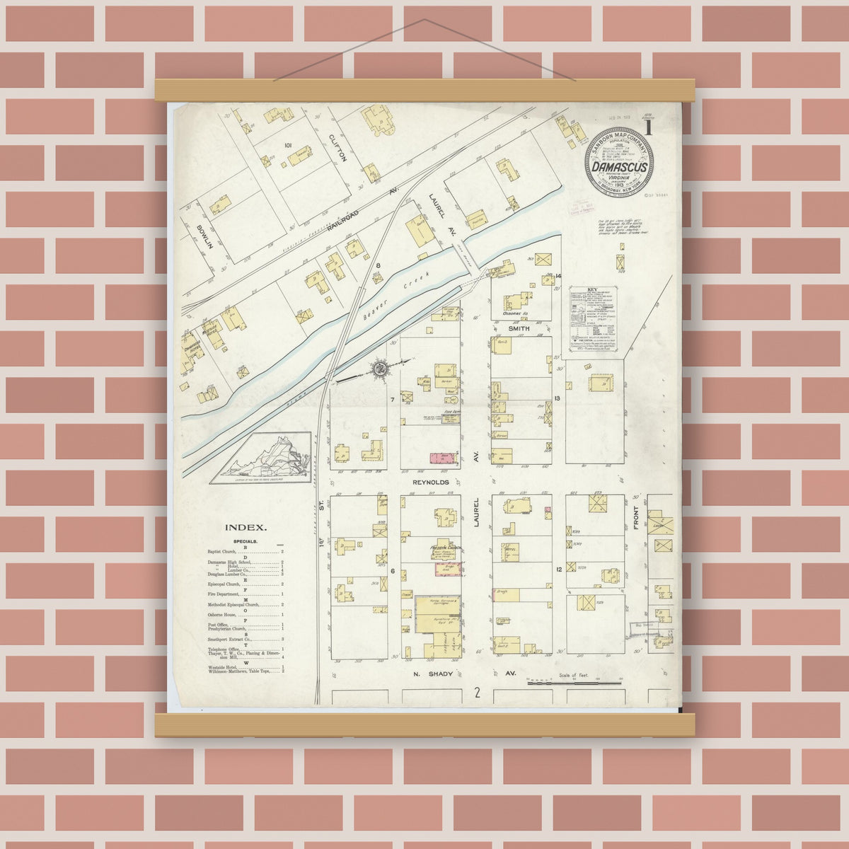 Old map wall art mockup — magnetic wood frame on brick wall — Sanborn Fire Insurance Map from Damascus, Washington County, Virginia (1913) - Complete Map Set