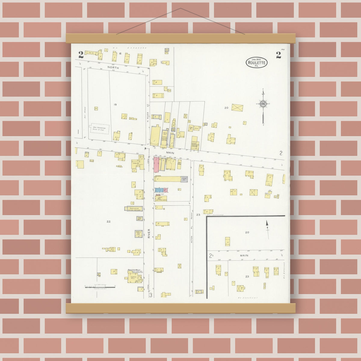 Old map wall art mockup — magnetic wood frame on brick wall — Sanborn Fire Insurance Map from Roulette, Potter County, Pennsylvania (1930), Sheet #0002