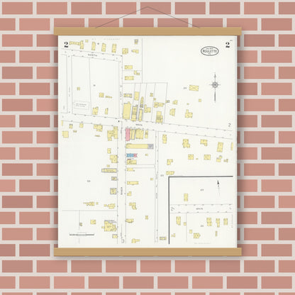 Old map wall art mockup — magnetic wood frame on brick wall — Sanborn Fire Insurance Map from Roulette, Potter County, Pennsylvania (1930), Sheet #0002