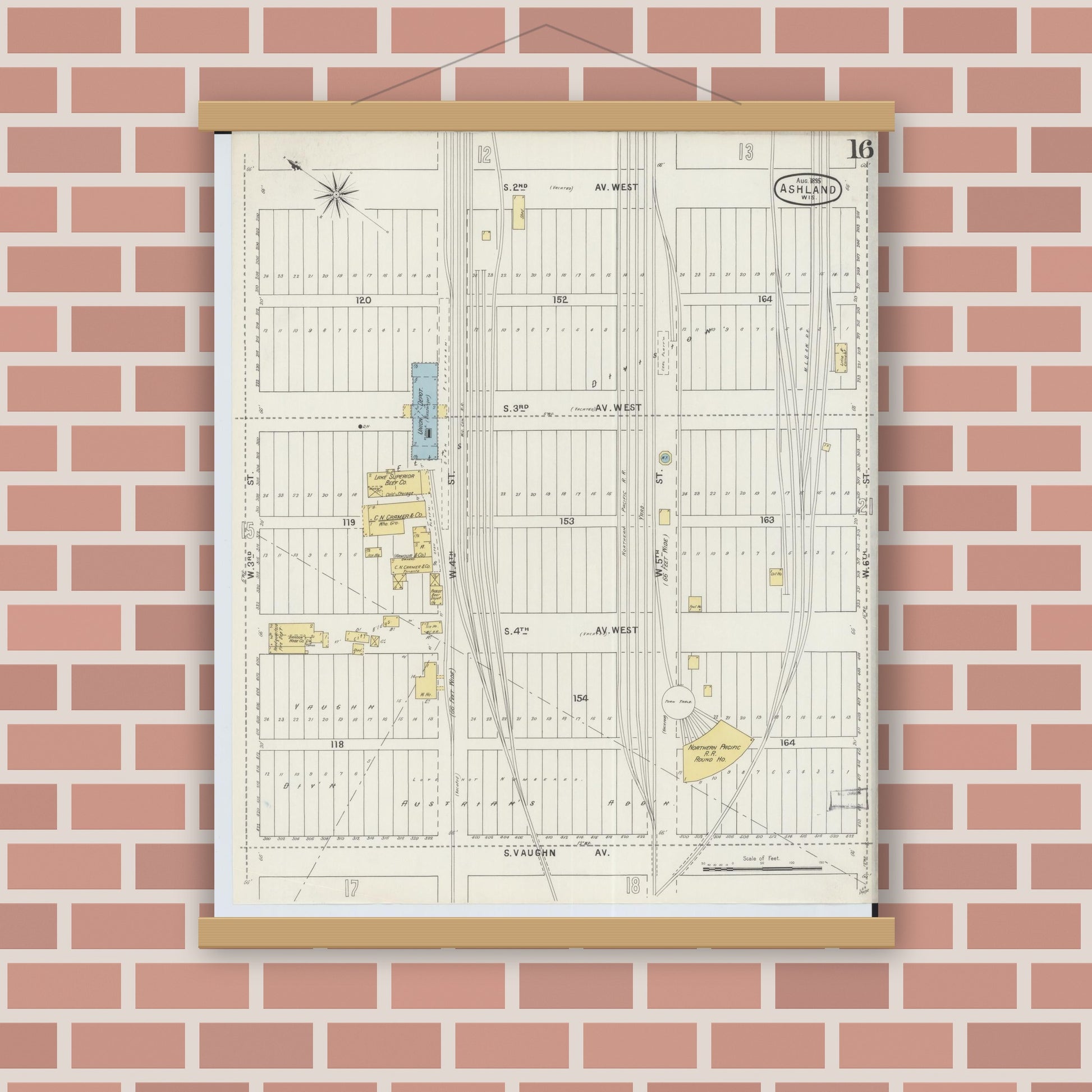 Old map wall art mockup — magnetic wood frame on brick wall — Sanborn Fire Insurance Map from Ashland, Ashland County, Wisconsin (1895), Sheet #0016