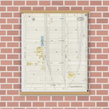 Old map wall art mockup — magnetic wood frame on brick wall — Sanborn Fire Insurance Map from Ashland, Ashland County, Wisconsin (1895), Sheet #0016