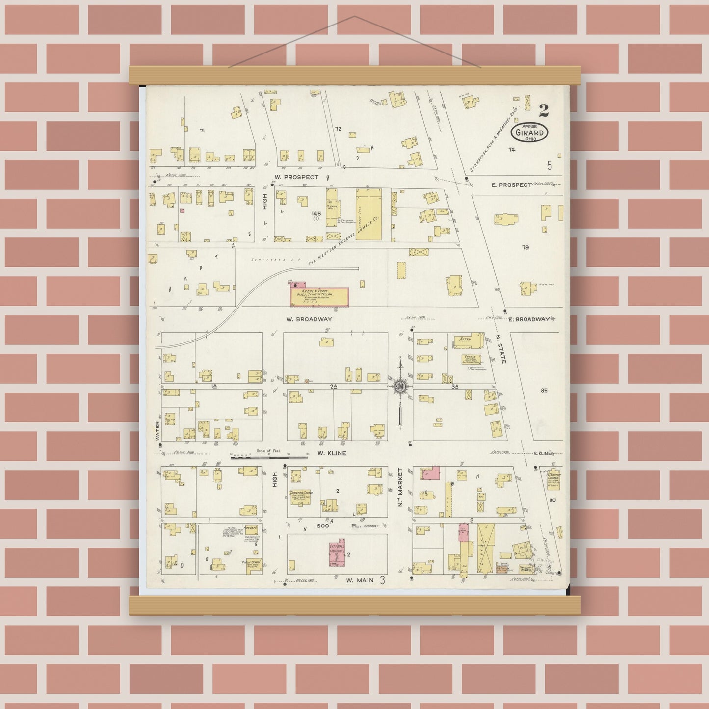 Old map wall art mockup — magnetic wood frame on brick wall — Sanborn Fire Insurance Map from Girard, Trumbull County, Ohio (1915), Sheet #0002