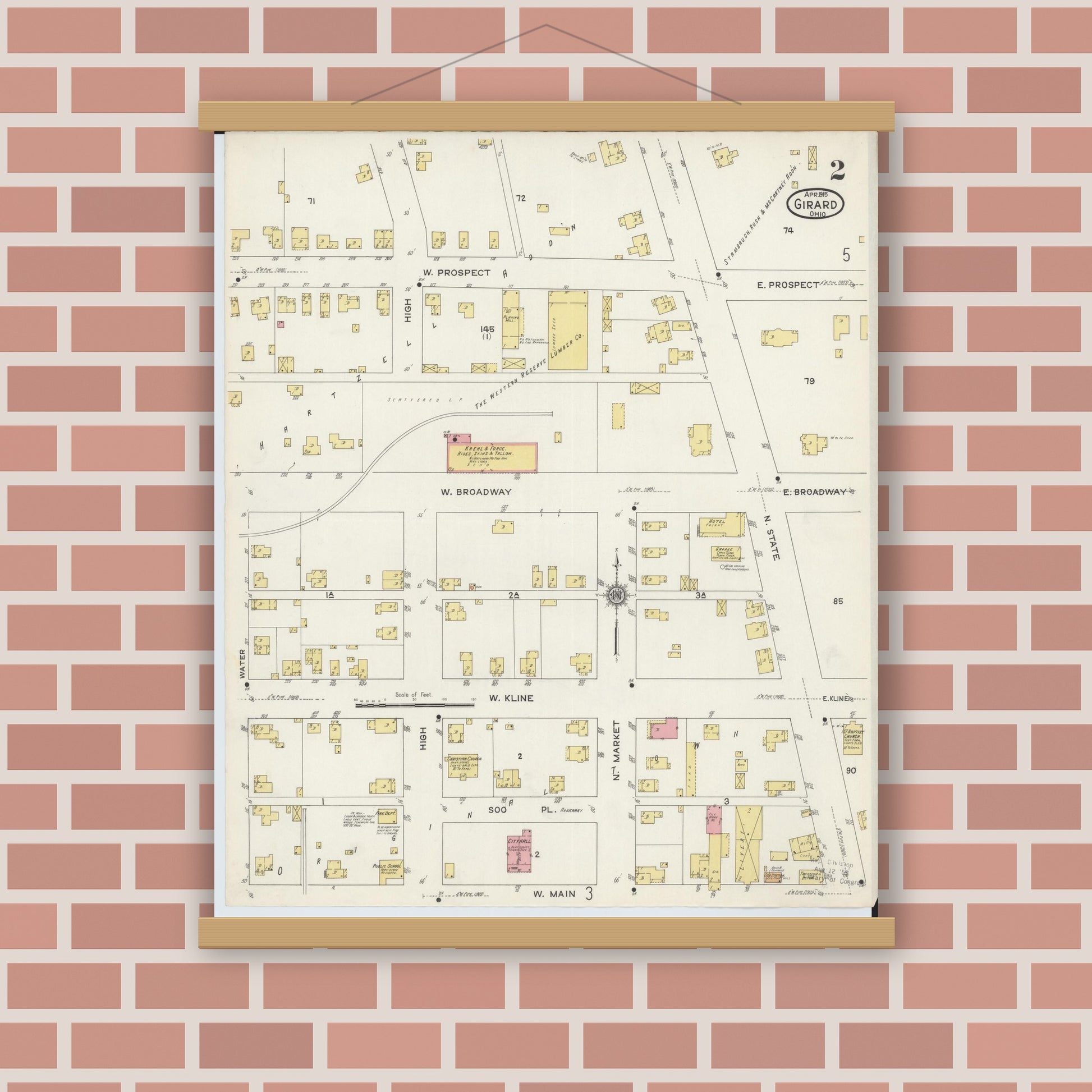 Old map wall art mockup — magnetic wood frame on brick wall — Sanborn Fire Insurance Map from Girard, Trumbull County, Ohio (1915), Sheet #0002