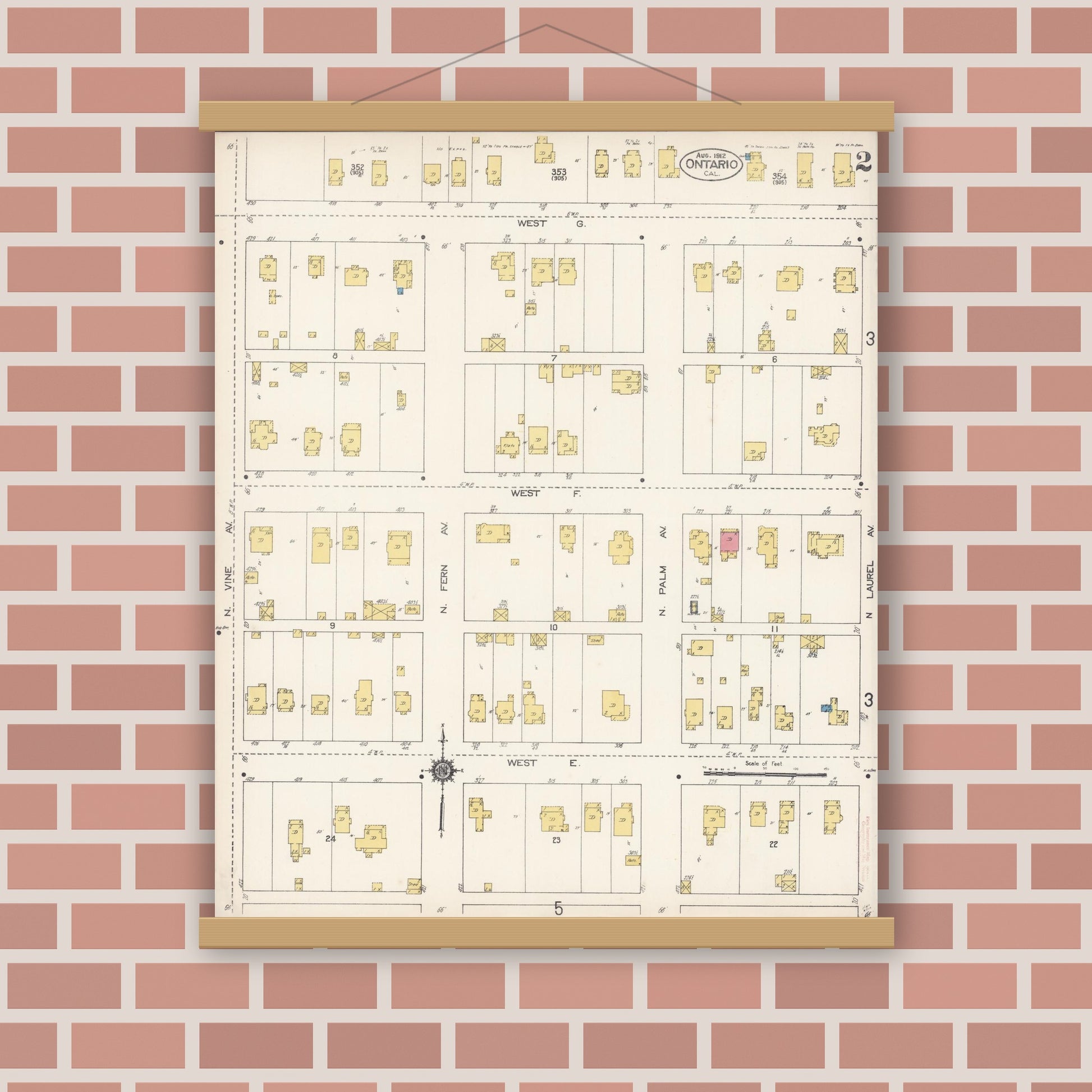 Old map wall art mockup — magnetic wood frame on brick wall — Sanborn Fire Insurance Map from Ontario, San Bernardino County, California (1912), Sheet #0002