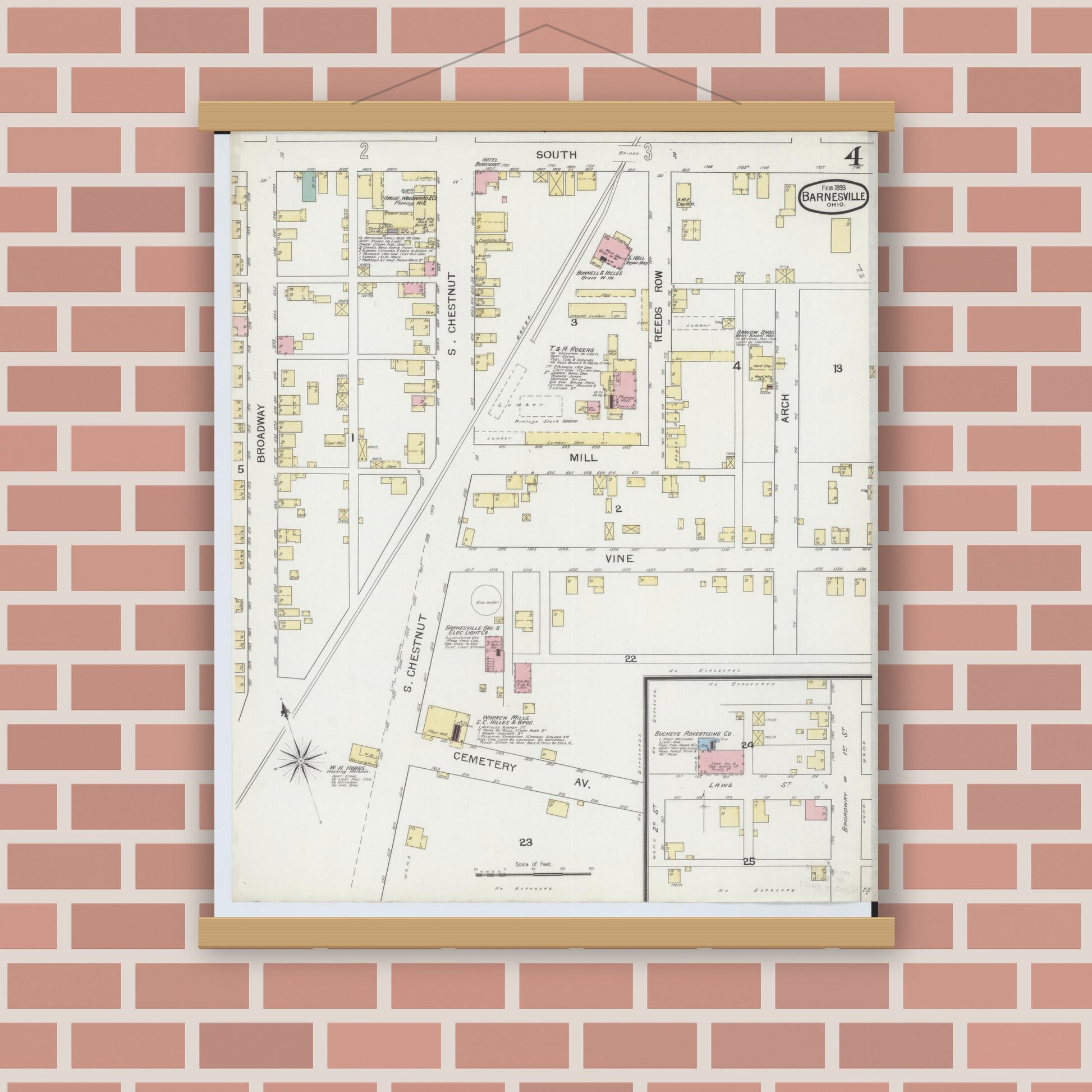 Old map wall art mockup — magnetic wood frame on brick wall — Sanborn Fire Insurance Map from Barnesville, Belmont County, Ohio (1893), Sheet #0004