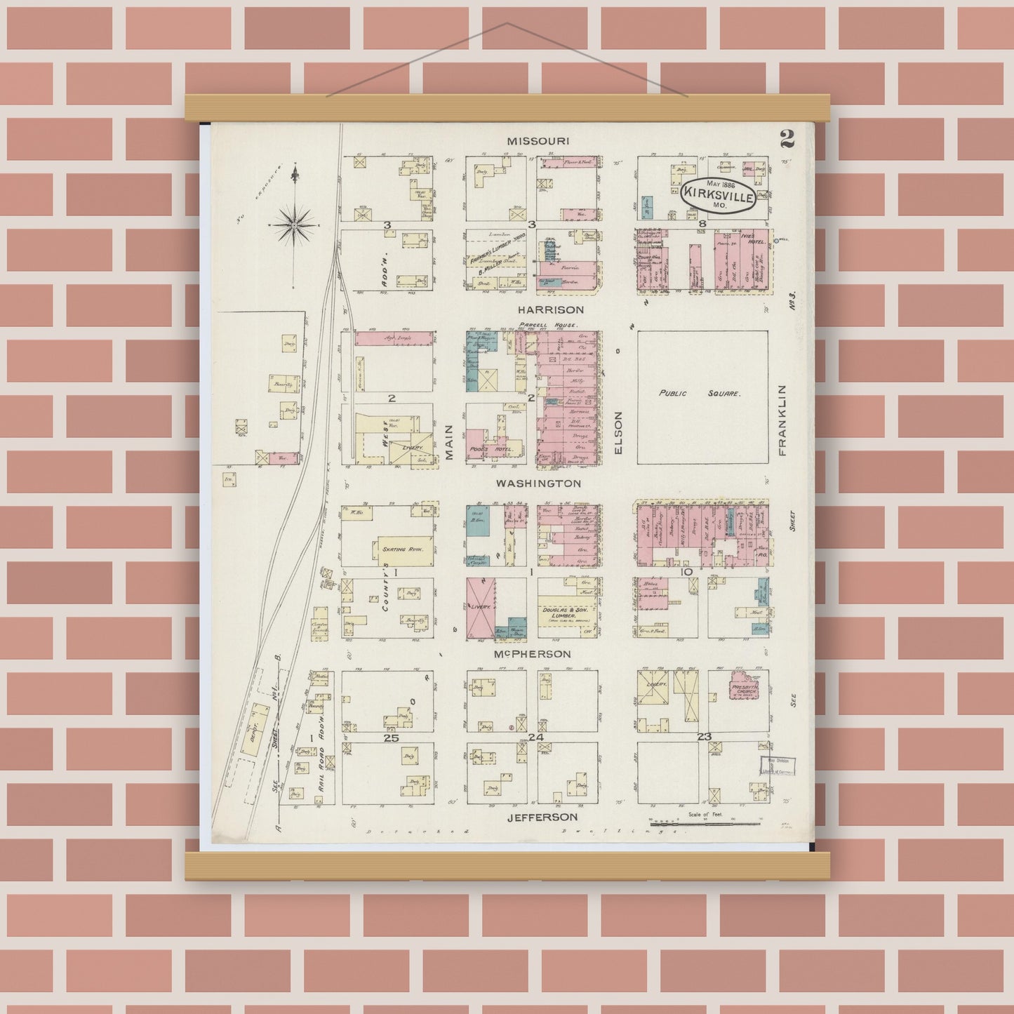 Old map wall art mockup — magnetic wood frame on brick wall — Sanborn Fire Insurance Map from Kirksville, Adair County, Missouri (1886), Sheet #0002