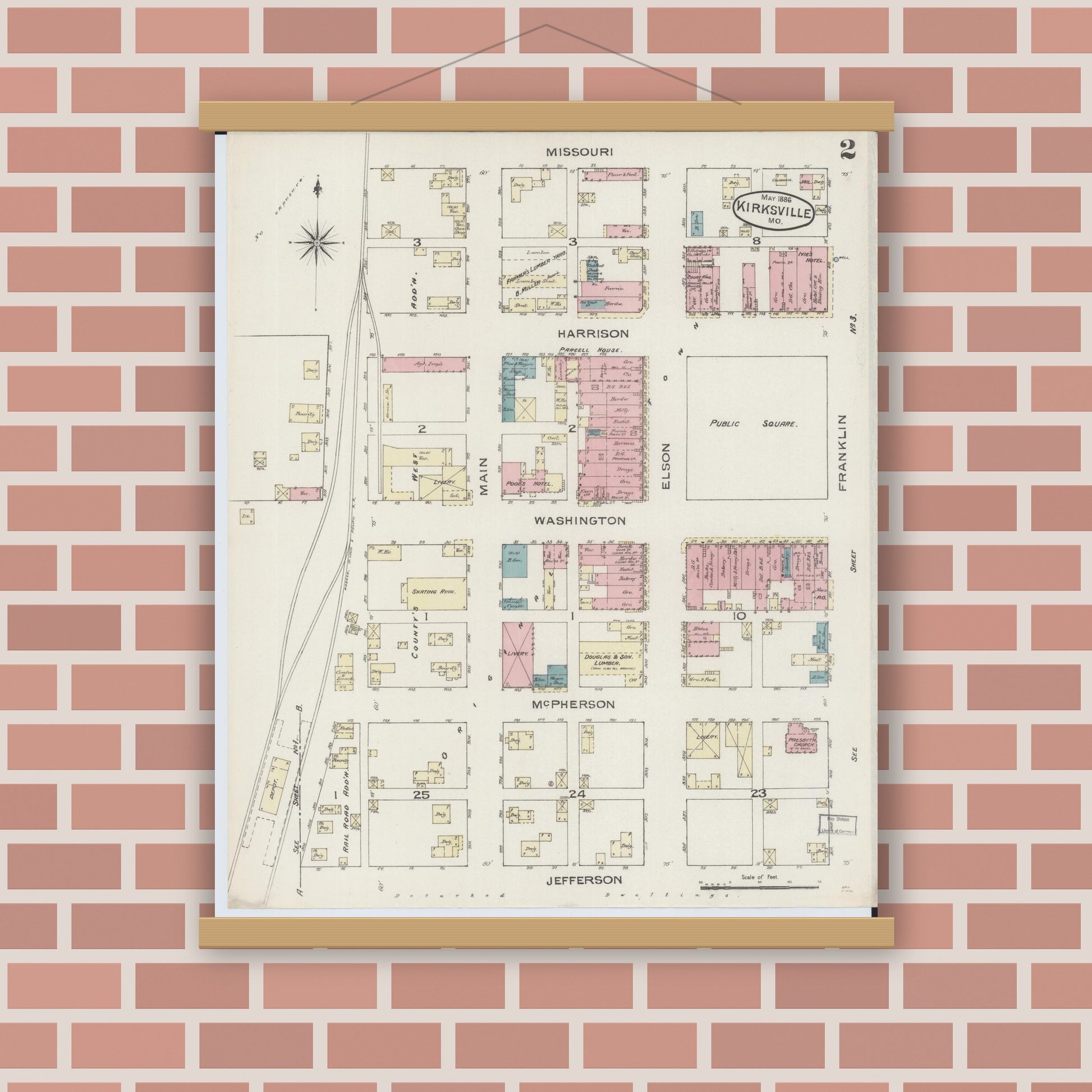 Old map wall art mockup — magnetic wood frame on brick wall — Sanborn Fire Insurance Map from Kirksville, Adair County, Missouri (1886), Sheet #0002