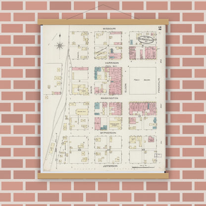 Old map wall art mockup — magnetic wood frame on brick wall — Sanborn Fire Insurance Map from Kirksville, Adair County, Missouri (1886), Sheet #0002