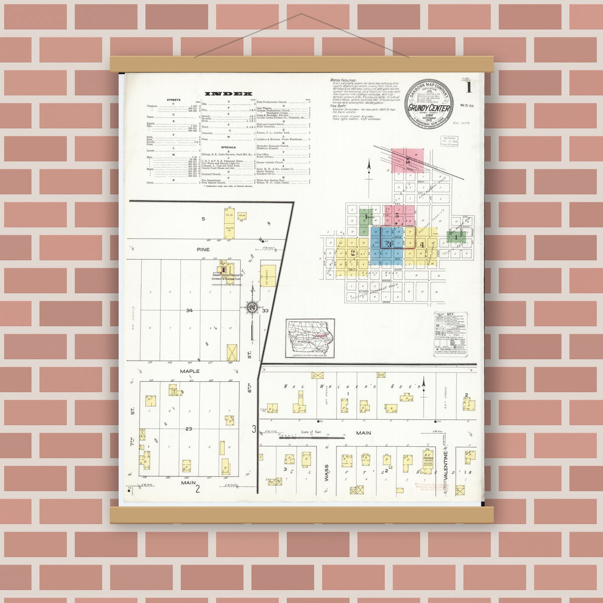 Old map wall art mockup — magnetic wood frame on brick wall — Sanborn Fire Insurance Map from Grundy Center, Grundy County, Iowa (1916) â€” Complete Set