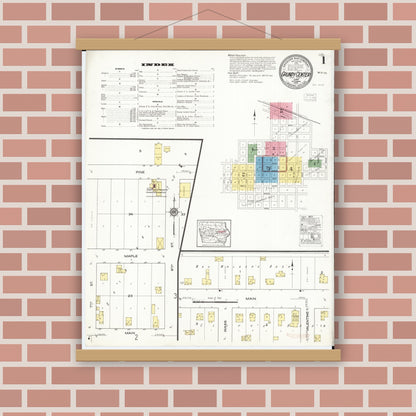 Old map wall art mockup — magnetic wood frame on brick wall — Sanborn Fire Insurance Map from Grundy Center, Grundy County, Iowa (1916) â€” Complete Set