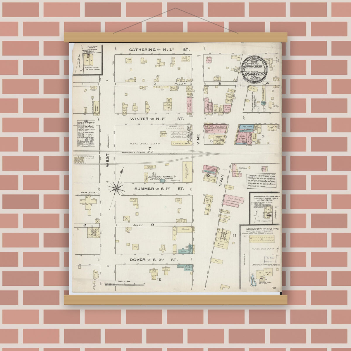Old map wall art mockup — magnetic wood frame on brick wall — Sanborn Fire Insurance Map from Monroe City, Monroe County, Missouri (1884), Sheet #0001