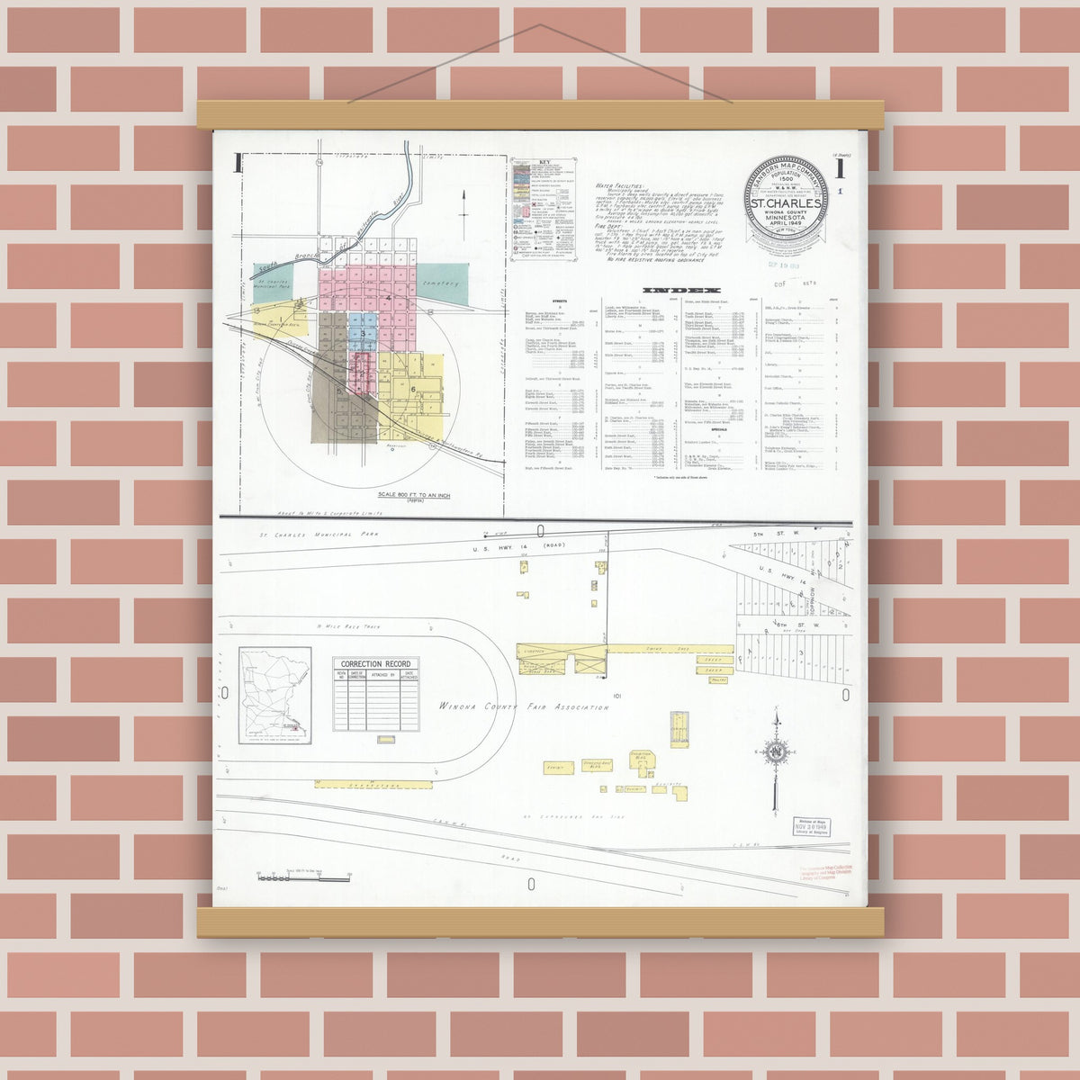 Old map wall art mockup — magnetic wood frame on brick wall — Sanborn Fire Insurance Map from Saint Charles, Winona County, Minnesota (1949), Sheet #0001