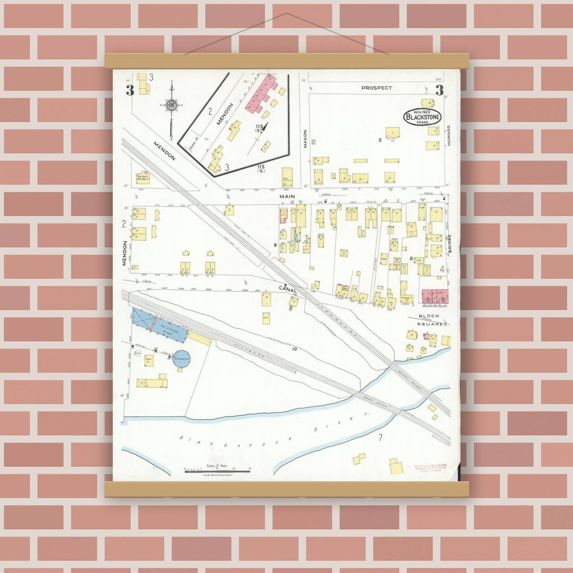 Old map wall art mockup — magnetic wood frame on brick wall — Sanborn Fire Insurance Map from Blackstone, Worcester County, Massachusetts (1923), Sheet #0003